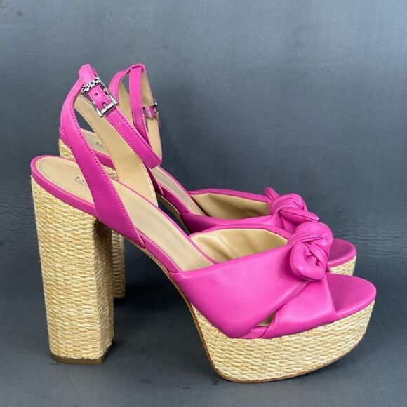 Womens Michael Kors Sadie Hot Pink Bow Heels Ankle Strap Leather sandals size 9